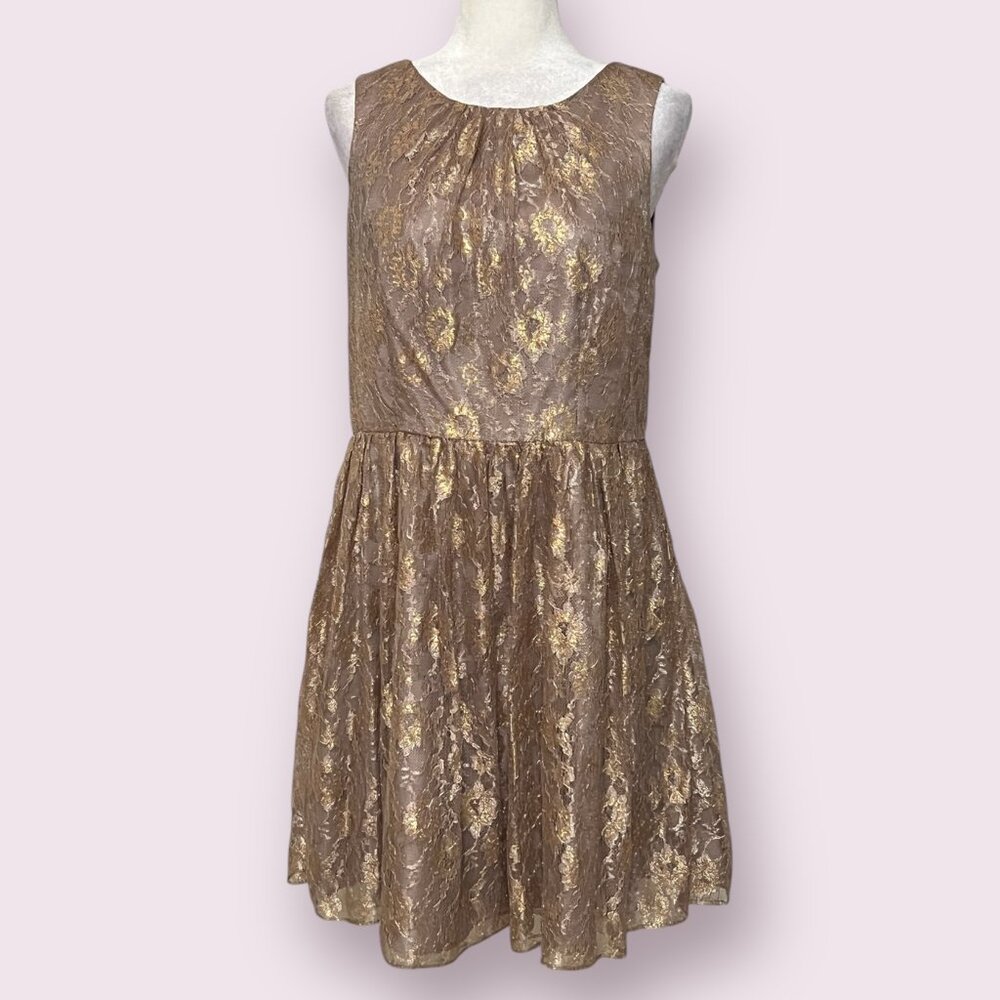 Jessica Howard Women's Fit & Flare Dress Gold Lace Size 12P Sleeveless